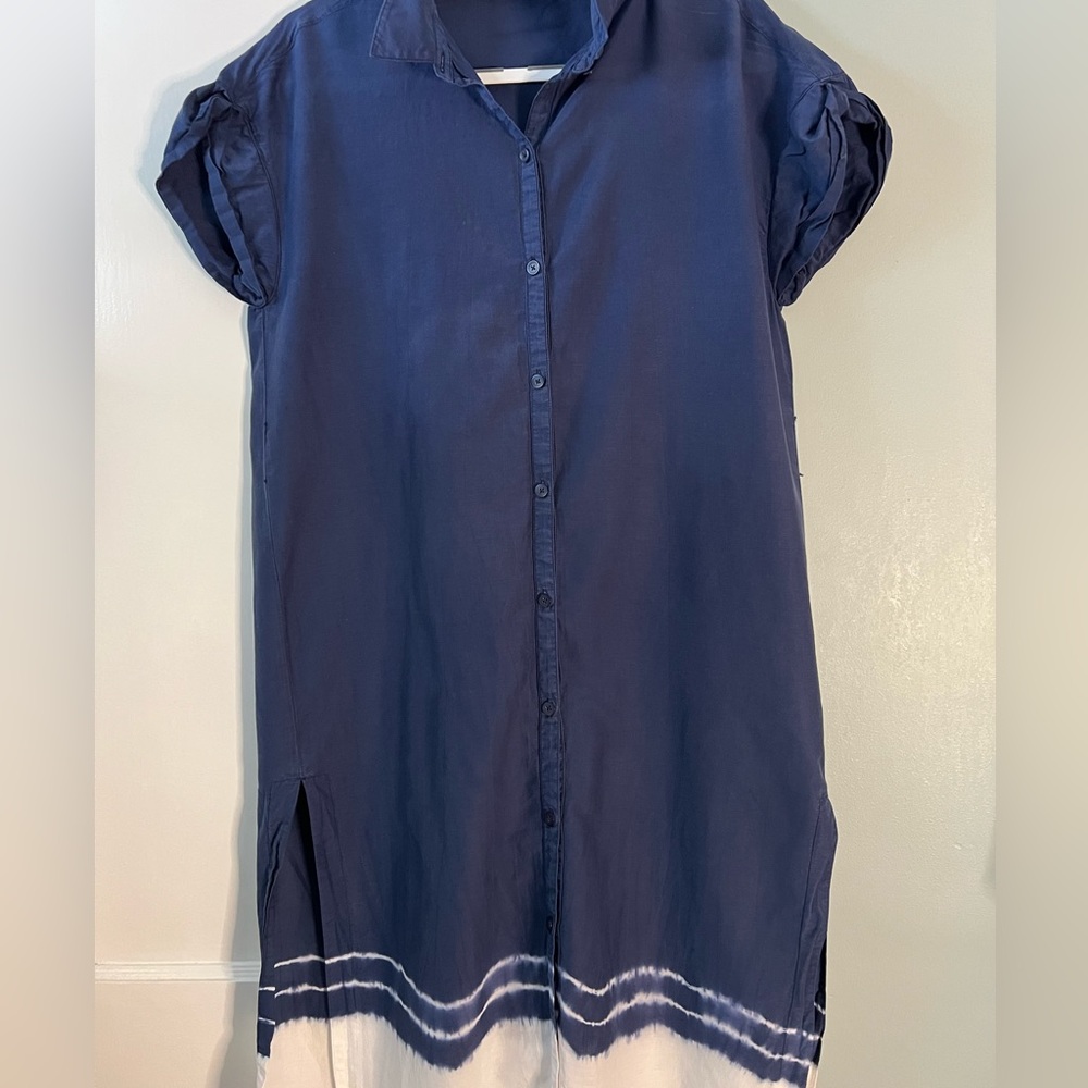 Athleta dress button down with a tie dye pattern on the very bottom.
